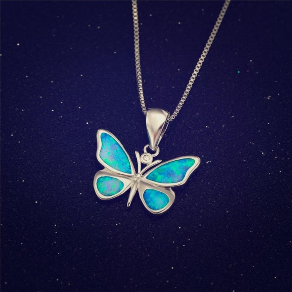 Genuine Sterling Silver + Opal Butterfly Necklace